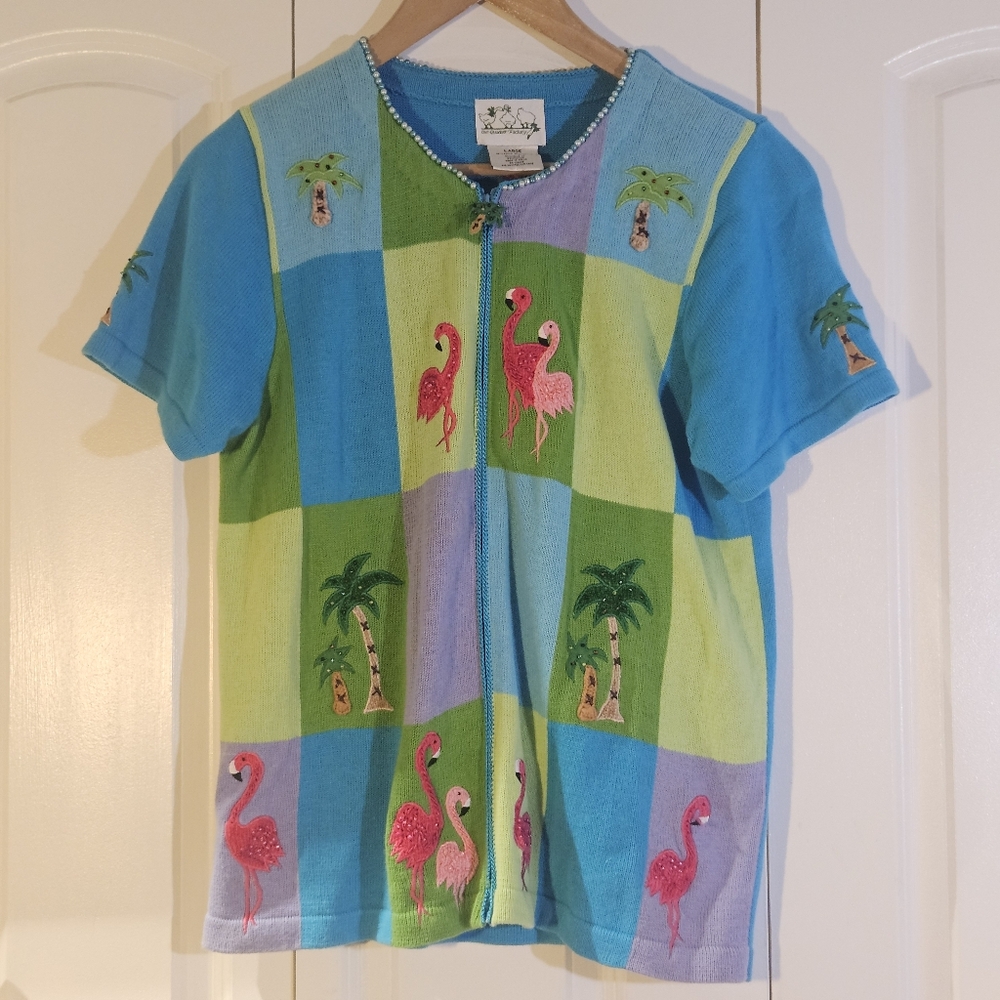 The Quacker Factory Women's Cardigan Size L Flamingo Y2K Kitsch Coastal Grandma